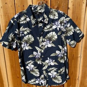 Zak Los Angeles Dark Blue Hawaiian Flowers Button Up Short Sleeve Shirt Large